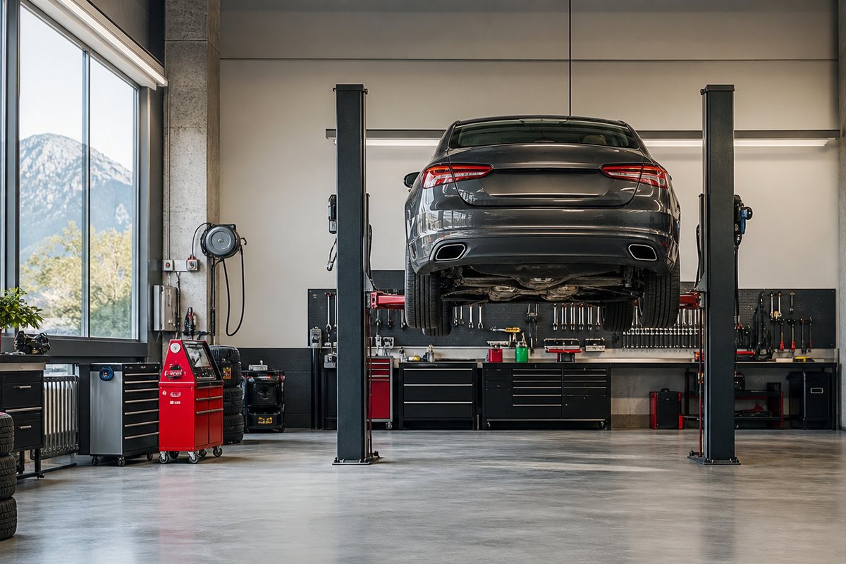 Aufgeräumte Autowerkstatt mit Fahrzeug auf Hebebühne