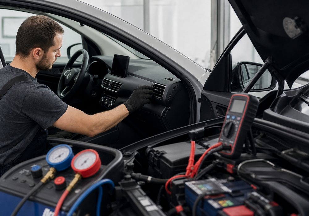 Techniker prüft Lüftung und Klimaservicegeräte an einem Fahrzeug