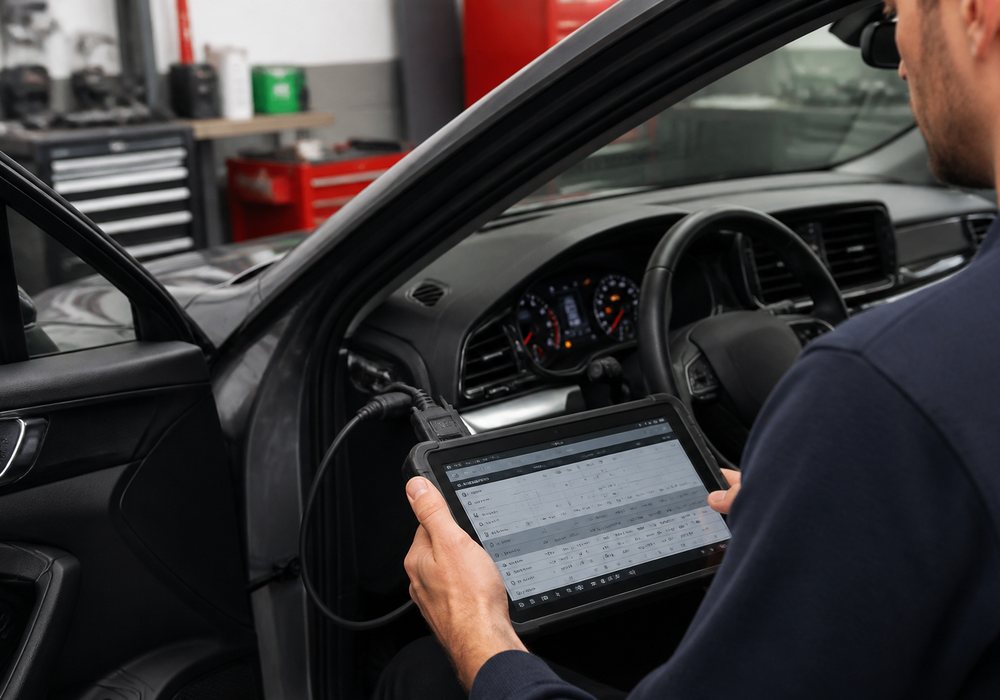 Diagnosetablet im Fahrzeuginnenraum